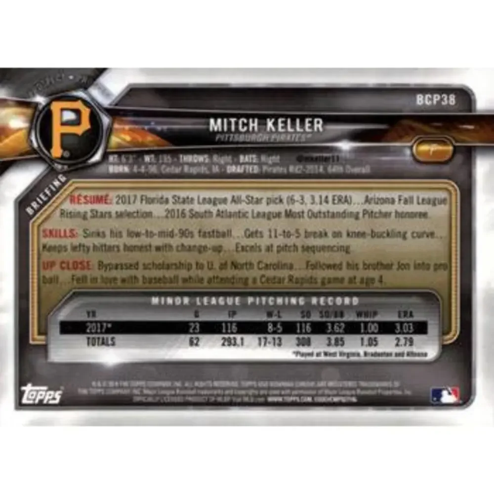 2018 Bowman Chrome Prospects Mitch Keller BCP38 Pittsburgh Pirates